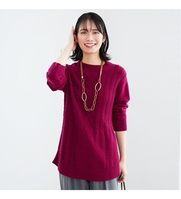 BELLUNA（ベルーナ）の「パッチワーク調ケーブルニットチュニック（チュニック）」｜詳細画像