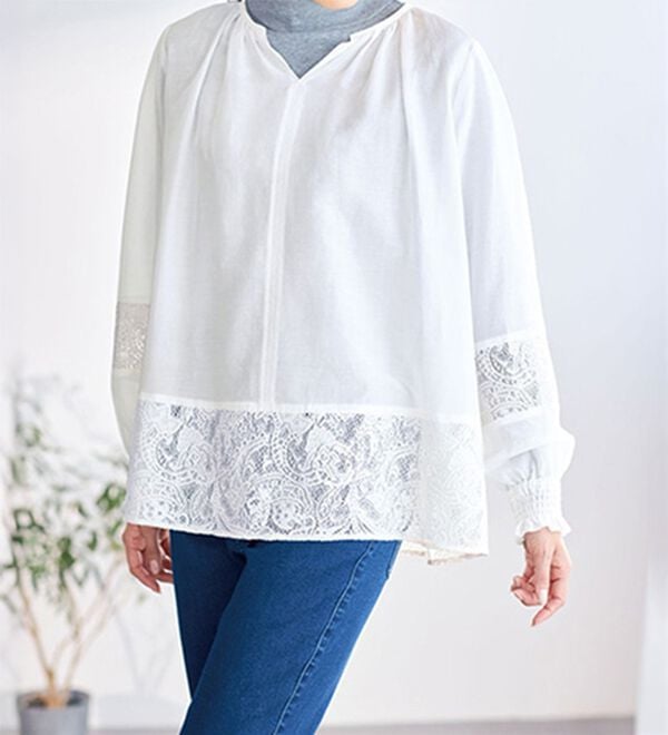 VINNO（ヴィノ）の「綿シルク・レース切替シアーブラウス（ブラウス）」｜詳細画像