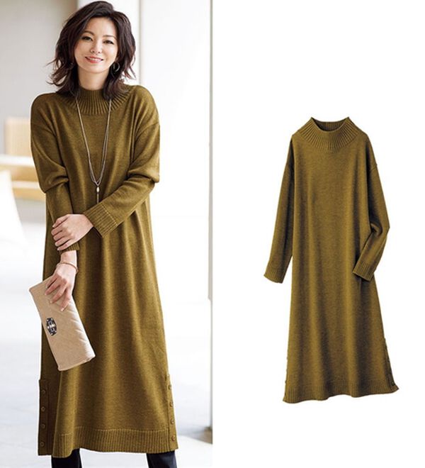 ボタン使いハイネックニットワンピース - ベルーナ【公式】