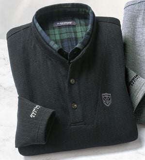 「＜ダンロップ・リファインド＞フェイクレイヤードスタンド衿トレーナー（メンズトレーナー）」｜ブラック