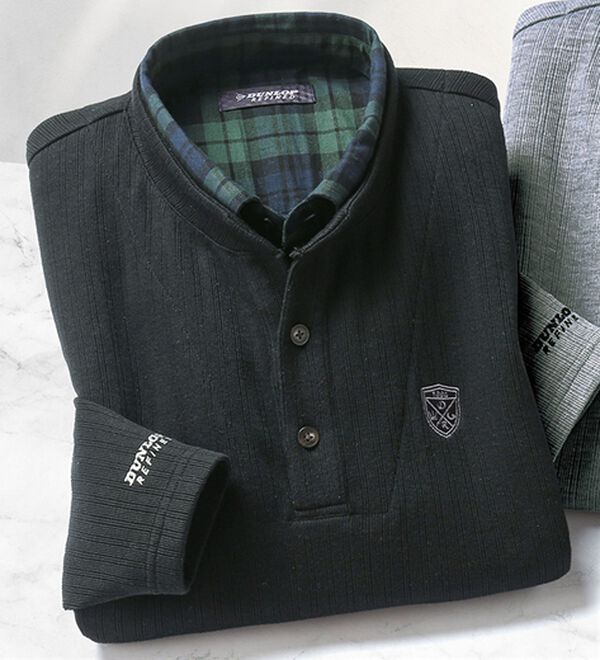 「＜ダンロップ・リファインド＞フェイクレイヤードスタンド衿トレーナー（メンズトレーナー）」｜ブラック