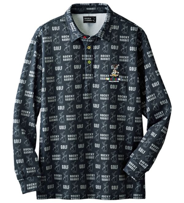 「＜ロッキーラビット＞総柄裏シャギーポロ（メンズカットソー）」｜ブラック