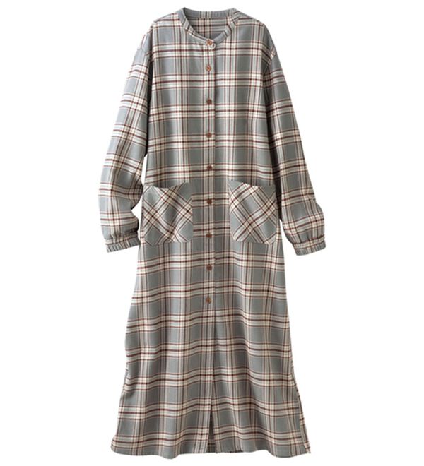 「綿１００％ふんわり柔か微起毛ルームワンピ（パジャマ・ルームウェア）」｜グレーチェック