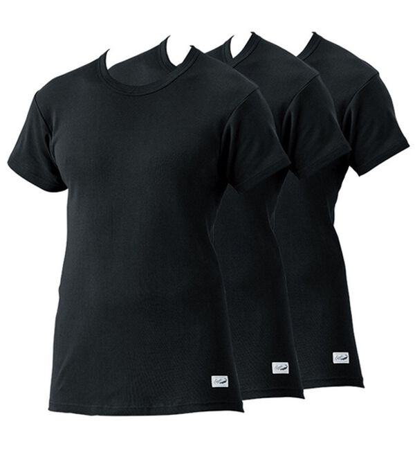 「【３枚組】＜クロコダイル＞脇に縫い目のない筒編綿１００％インナー（メンズ肌着・インナーウェア）」｜ブラック3枚組 半袖丸首