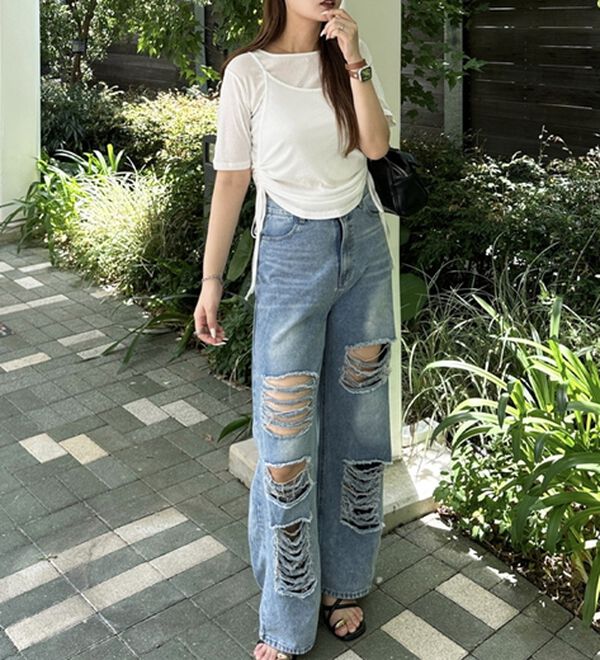 GeeRA（ジーラ）の「オリジナルパットダメージワイドデニム（ワイドパンツ・ガウチョ）」｜詳細画像