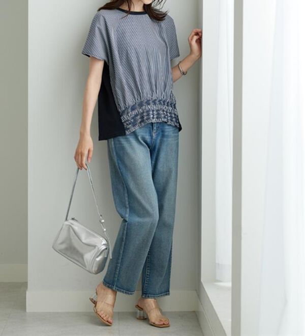 BELLUNA（ベルーナ）の「【ひんやり接触冷感】シャーリング使い異素材切替プルオーバー（カットソー）」｜詳細画像