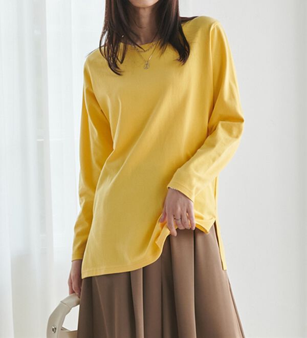 RANAN（ラナン）の「＜ＢＣ＞綿１００％×吸湿発熱！あったか裾スリットロングプルオーバー（カットソー）」｜詳細画像