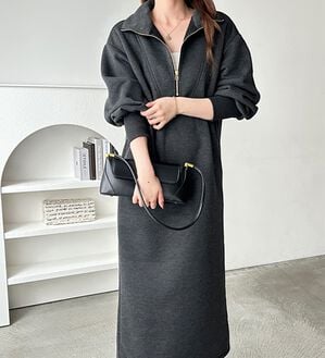 GeeRA（ジーラ）の「ハーフジップハイネック裏起毛ワンピース（カットソーワンピース）」｜杢チャコール