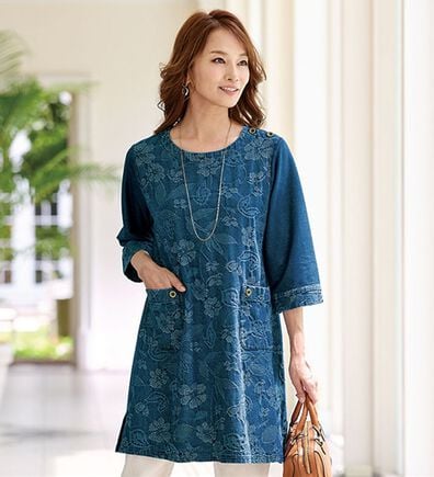 BELLUNA（ベルーナ）の「ジャカードデニム異素材切替チュニック（チュニック）」