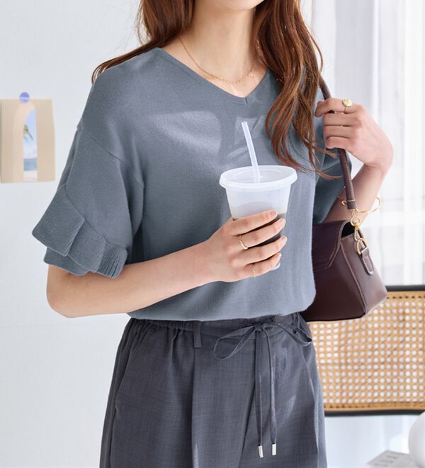 PH黒のフリル付き半袖チュニック