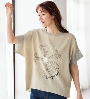 BELLUNA（ベルーナ）の「夏の主役！花柄プリントメッシュ使いブラウス（ブラウス）」｜ベージュ系