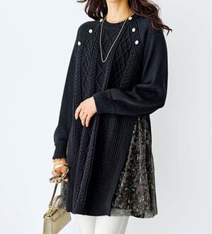 BELLUNA（ベルーナ）の「ケーブル柄ニット&times;チュール切替チュニック（チュニック）」｜ネイビー
