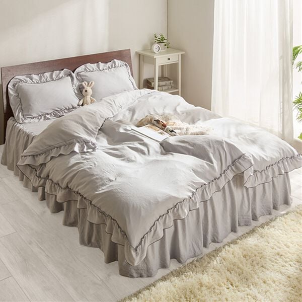 iellio（イエリオ）の「大人かわいいダブルフリル付布団カバーリング＜掛け布団カバー・ボックスシーツ・枕カバー・ずれにくい・オールシーズン・淡色＞（敷布団カバー・シーツ）」｜詳細画像