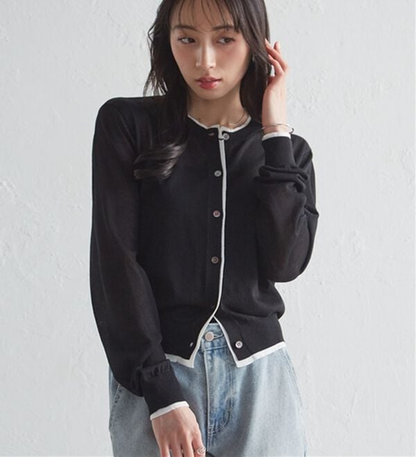 RANAN（ラナン）の「レイヤード風バイカラーシアーカーデ（ニットカーディガン）」｜詳細画像