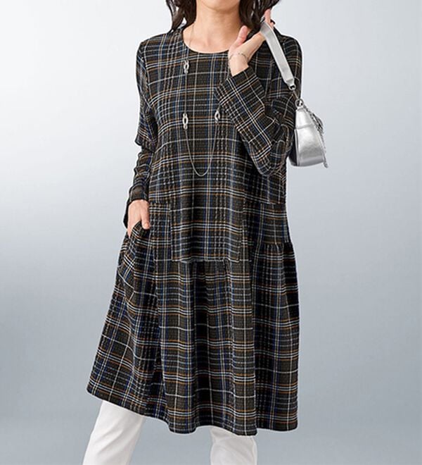 BELLUNA（ベルーナ）の「シャーリング素材チェック柄切替チュニック（チュニック）」｜ブラウン系