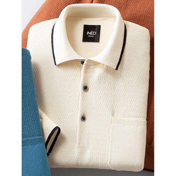 「＜イネド＞裾リブ付き地柄ポロシャツ（メンズニット・セーター）」｜オフホワイト