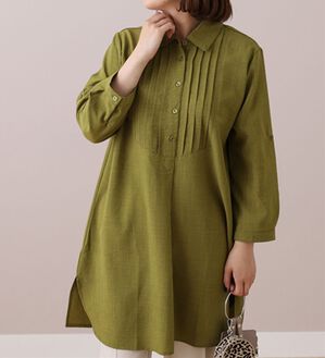 BELLUNA（ベルーナ）の「麻調素材ピンタックデザインチュニック（チュニック）」｜イエローグリーン