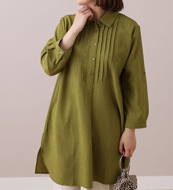 BELLUNA（ベルーナ）の「麻調素材ピンタックデザインチュニック（チュニック）」｜イエローグリーン