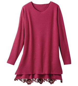 VINNO（ヴィノ）の「バックレースデザイン・なめらかニットチュニック（ニット・セーター）」｜ワイン