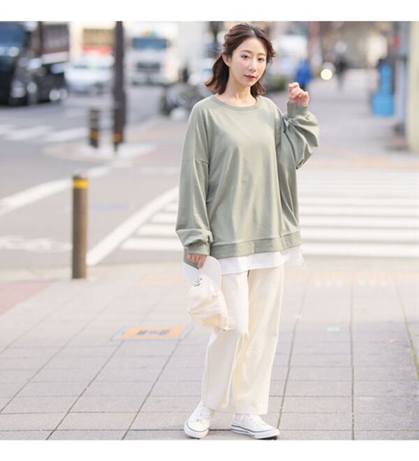 A HAPPY MARILYN（アハッピーマリリン）の「【Ｌ～１０Ｌ】ゆるっと楽ちん！着ぶくれ回避の　重ね着風　ミニ裏毛　プルオーバー（カットソー）」｜詳細画像