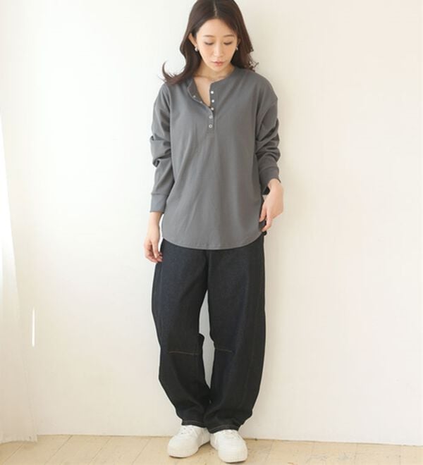 A HAPPY MARILYN（アハッピーマリリン）の「【大きいサイズ】【Ｌ～８Ｌ】着心地さらり　エアドライワッフルヘンリーネックロンＴ（Tシャツ）」｜詳細画像