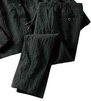 「【おじフェス着用】ランダムサッカーサマーセットアップ　スラックス（メンズフルレングスパンツ）」｜ブラック 股下68cm