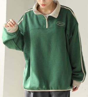 A HAPPY MARILYN（アハッピーマリリン）の「【Ｌ～６Ｌ】【ハピぽか裏起毛】ライン使いハーフＺＩＰスウェット 毛玉になりにくい（トレーナー・スウェット）」｜グリーン