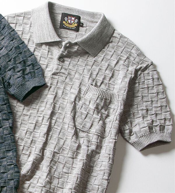 「＜ヘリンボーンクラブ＞日本製市松模様ポロシャツ（メンズポロシャツ）」｜グレー
