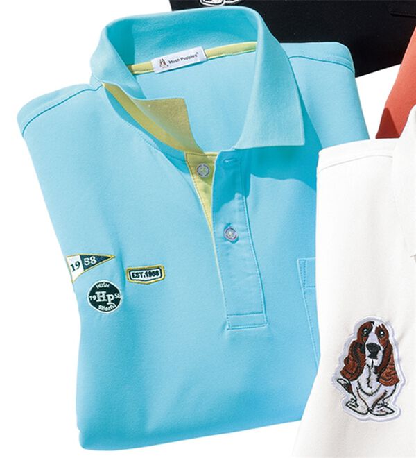 「＜ハッシュパピー＞ワッペン付配色ポロシャツ（メンズポロシャツ）」｜ブルー