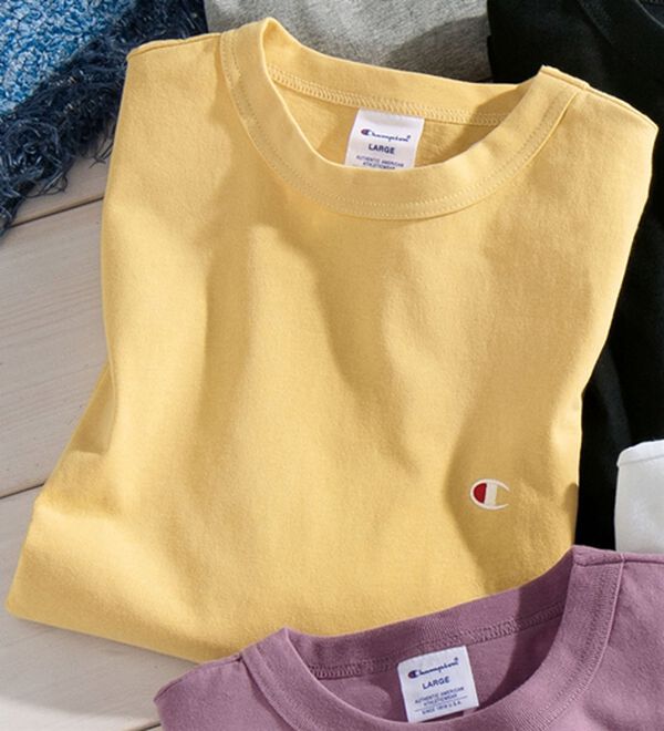 「＜チャンピオン＞綿１００％リラックスフィット５分袖Ｔシャツ（メンズＴシャツ）」｜ライトイエロー