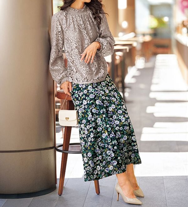 BELLUNA（ベルーナ）の「カットジャカード素材花柄プリントスカート（ロングスカート）」｜詳細画像