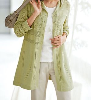 BELLUNA（ベルーナ）の「綿麻フードデザイン透かし編ニットジャケット（その他ジャケット）」｜ペールグリーン