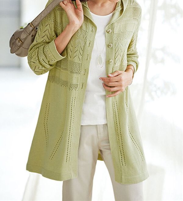 BELLUNA（ベルーナ）の「綿麻フードデザイン透かし編ニットジャケット（その他ジャケット）」｜ペールグリーン