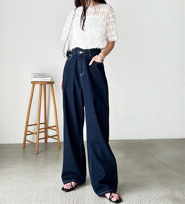 GeeRA（ジーラ）の「美脚見え！２ボタンウエストワイドデニムパンツ（フルレングスパンツ）」｜詳細画像