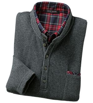 「重ね着いらずのダブル衿トレーナー（メンズトレーナー）」｜杢チャコール