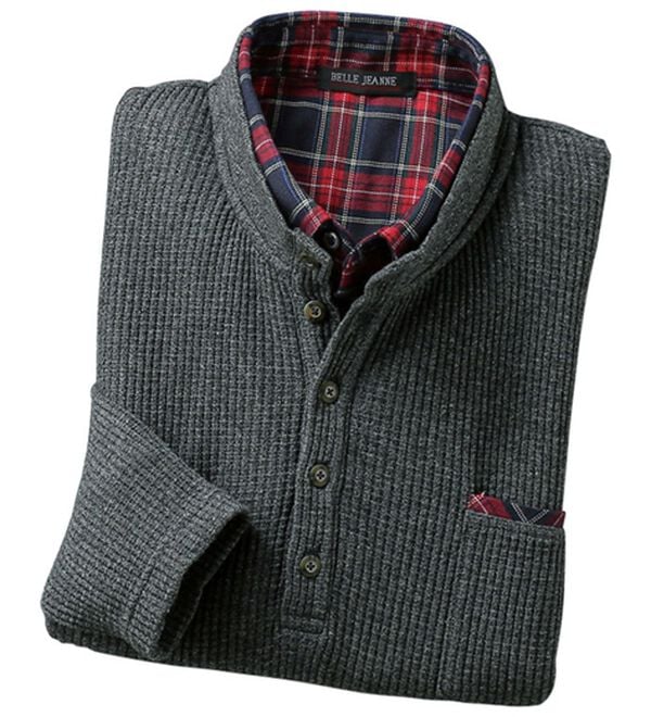 「重ね着いらずのダブル衿トレーナー（メンズトレーナー）」｜杢チャコール