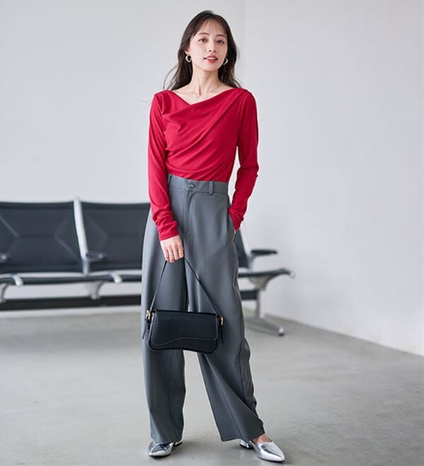 RANAN（ラナン）の「【春色追加】上品ドレープリブロングＴシャツ（カットソー）」｜詳細画像