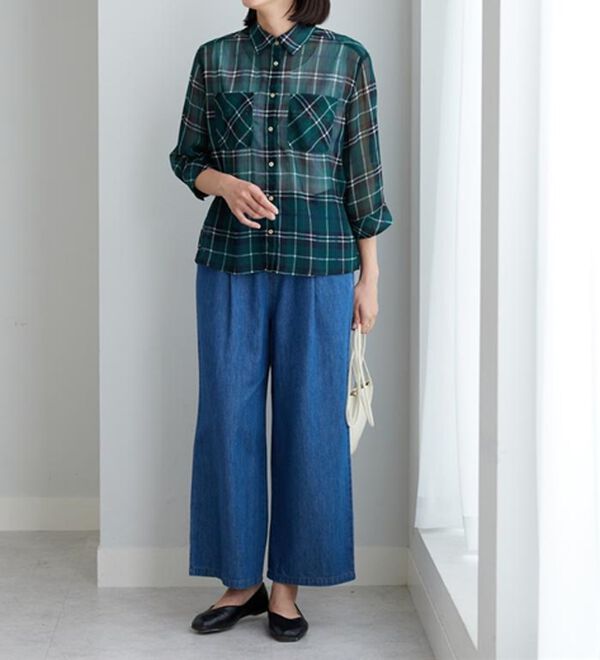 BELLUNA（ベルーナ）の「シフォン楊柳チェック柄プリントシャツ（シャツ）」｜詳細画像
