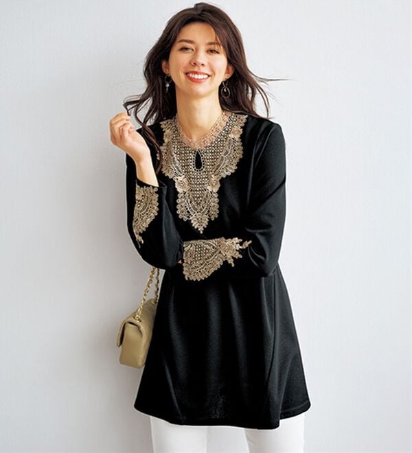 BELLUNA（ベルーナ）の「配色レース使い華やかチュニック（チュニック）」｜黒系