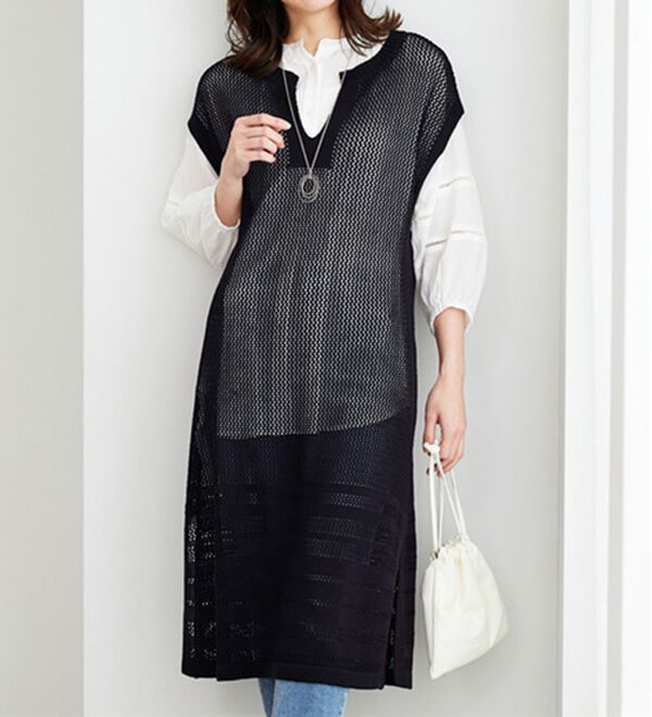 BELLUNA（ベルーナ）の「麻調ニット素材透かし編ロングベスト（ベスト）」｜詳細画像