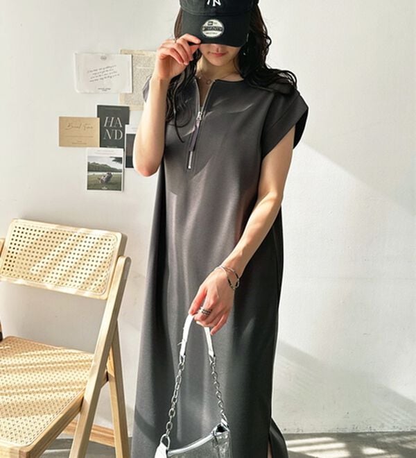 GeeRA（ジーラ）の「前後２ＷＡＹハーフジップＩラインワンピース（カットソーワンピース）」｜詳細画像