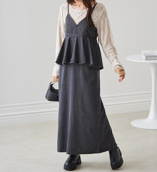 RANAN（ラナン）の「デニムペプラムキャミワンピース（ロングワンピース）」｜詳細画像