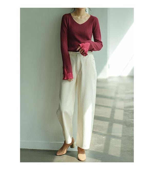 GeeRA（ジーラ）の「プリーツ付Ｖネックリブニットトップス（ニット・セーター）」｜詳細画像