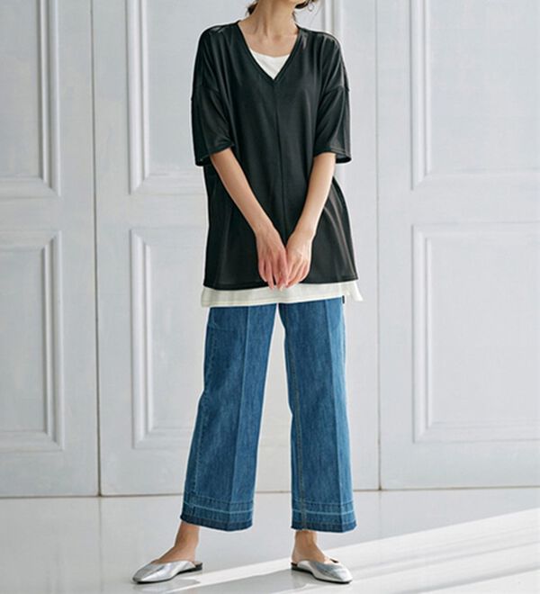 RANAN（ラナン）の「レイヤード風ニットソー半袖チュニック（チュニック）」｜詳細画像