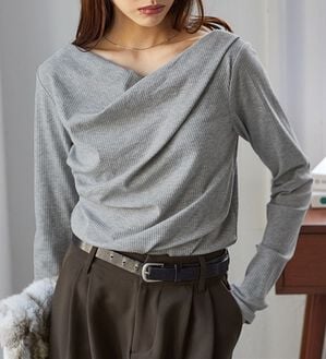 RANAN（ラナン）の「【新色追加】上品ドレープリブロングＴシャツ（カットソー）」｜杢グレー