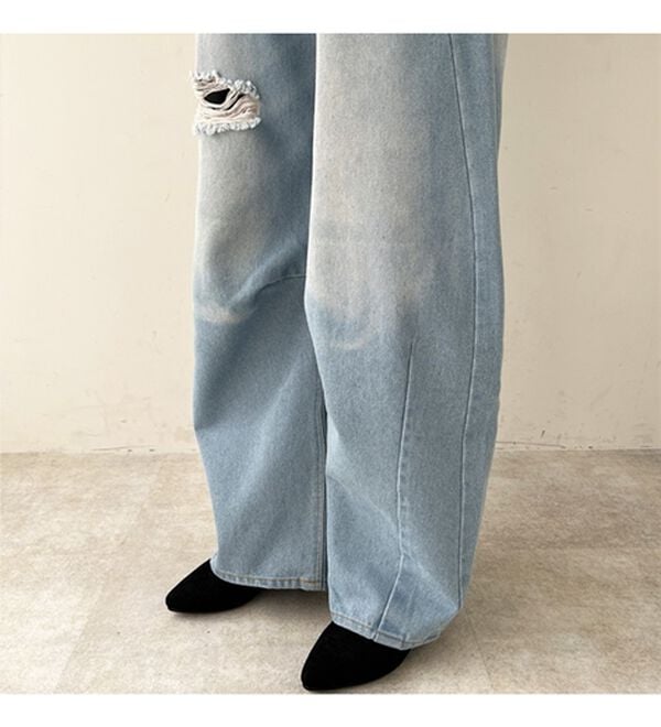 GeeRA（ジーラ）の「ダメージカーブデニムパンツ（フルレングスパンツ）」｜詳細画像