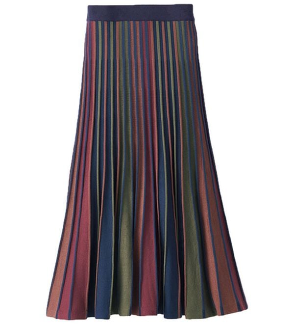 BELLUNA（ベルーナ）の「プリーツ風フレアーニットスカート（ロングスカート）」｜ボルドー系