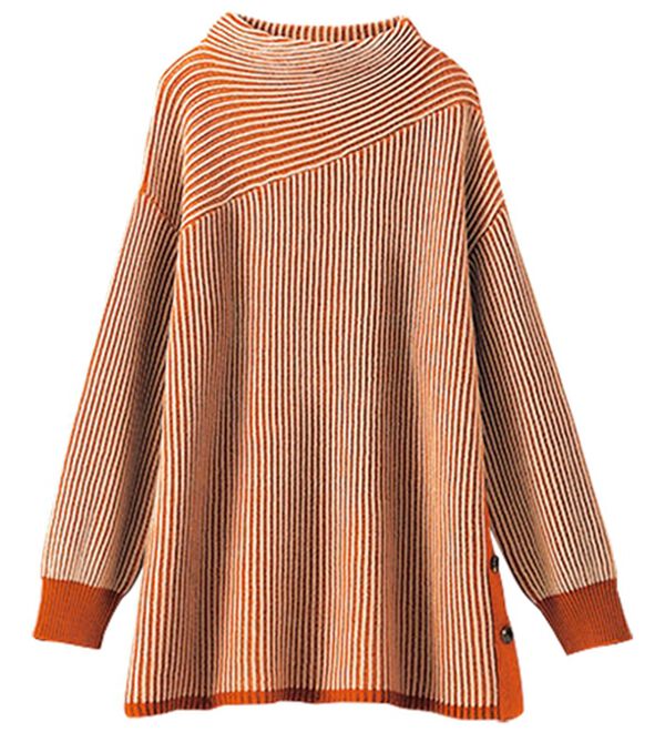 BELLUNA（ベルーナ）の「ボタン使いストライプジャカード切替ニットチュニック（チュニック）」｜詳細画像