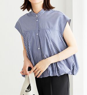 BELLUNA（ベルーナ）の「裾バルーンデザインストライプブラウス（ブラウス）」｜ネイビー系