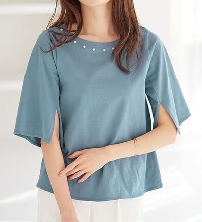 alotta（アロッタ）の「【接触冷感】綿１００％パール調デザインＴシャツ　さらひやりコットン（Tシャツ）」